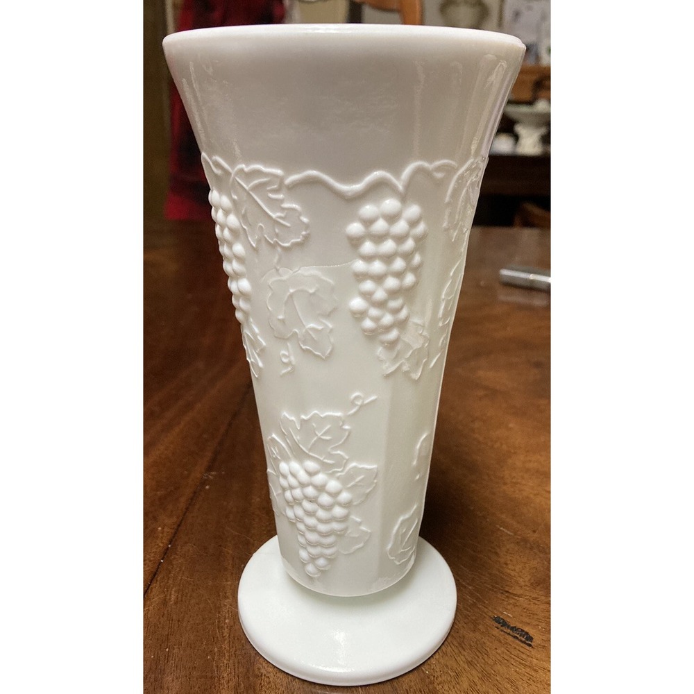 Vintage Milk Glass Vase Paneled Grape Pattern Bell Rim Footed Retro